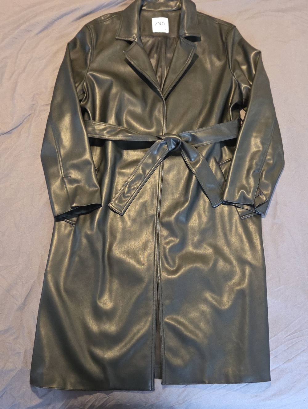 ZARA Black Faux Leather Belted Trench Coat XL